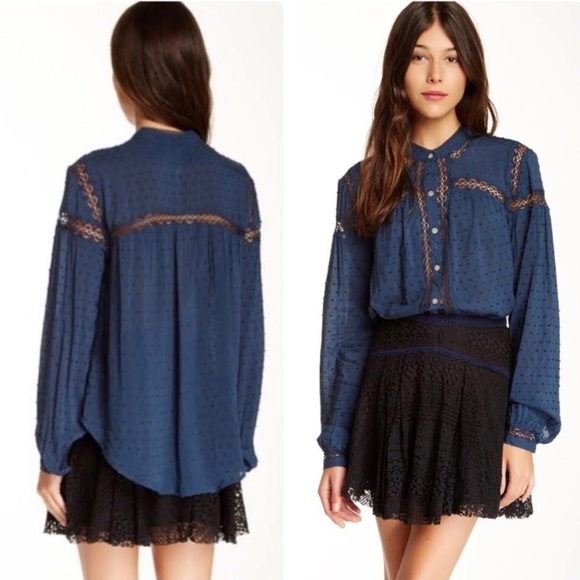 Free People Size Small Blouse Every Day Girl Boho Victorian Lace Blue - Picture 1 of 13